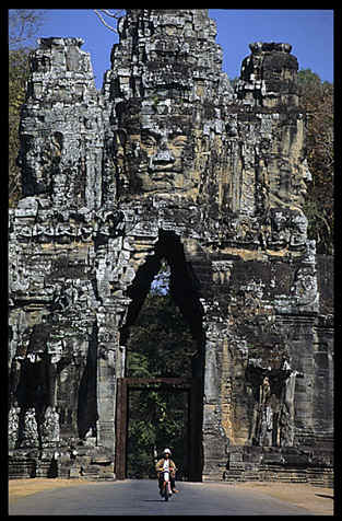 The South Gate of Angkor Thom is crowned by four gargantuan faces.