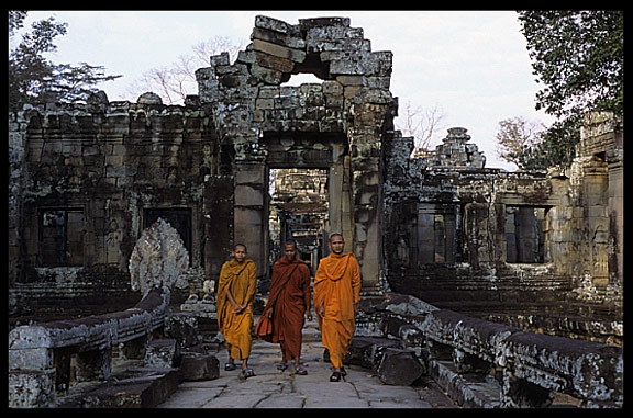 Buddhist monks inside Banteay Kdei.