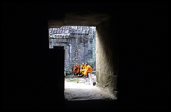 Resting monks inside Banteay Kdei.
