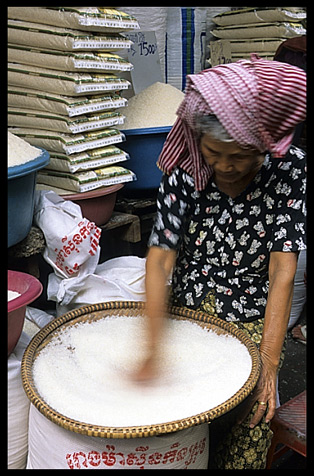 Rice for sale inside the Psar Thmei, central Phnom Penh.