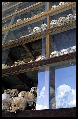 The memorial stupa at Choeung Ek, the Killing Fields, holds more than 8000 skulls.