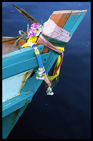 Decorated bow of a fishing boat in a fishing community north of Sihanoukville.