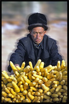 Portrait of Uyghur man selling carrots. Kashgar, Xinjiang, China