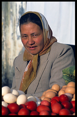Portrait of Uyghur woman selling eggs. Kashgar, Xinjiang, China