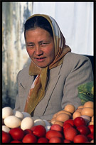 Portrait of Uyghur woman selling eggs. Kashgar, Xinjiang, China