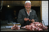 Meat for sale at the Sunday Market. Kashgar, Xinjiang, China