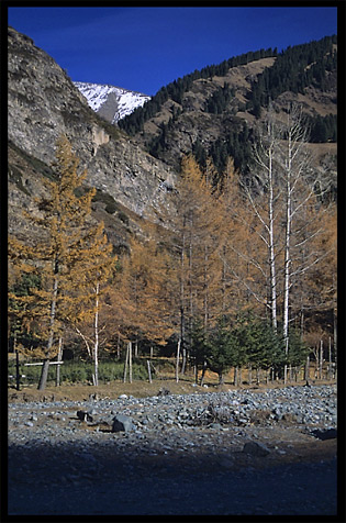 Heaven Pool or Heavenly Lake (Tian Chi) with snow-covered Tian Shan mountains in the distance. Urumqi, Xinjiang, China