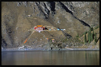 Temple across Heaven Pool or Heavenly Lake (Tian Chi). Urumqi, Xinjiang, China