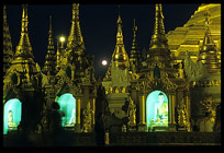 Magical moments at Shwedagon Paya in Yangon. Buddhist shrines at night during full moon.