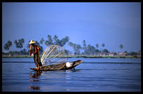 Leg rowing Intha fisherman in sampan on Inle Lake in Shan State.