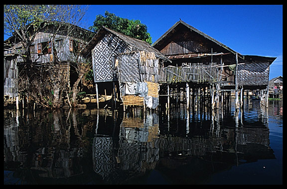 Houses on stilts in one of the floating villages in Inle Lake.