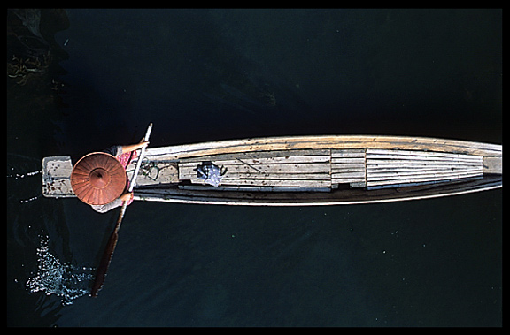 Helicopter view of sampan canoe on Inle Lake.