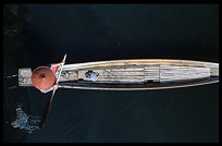Helicopter view of sampan canoe on Inle Lake.