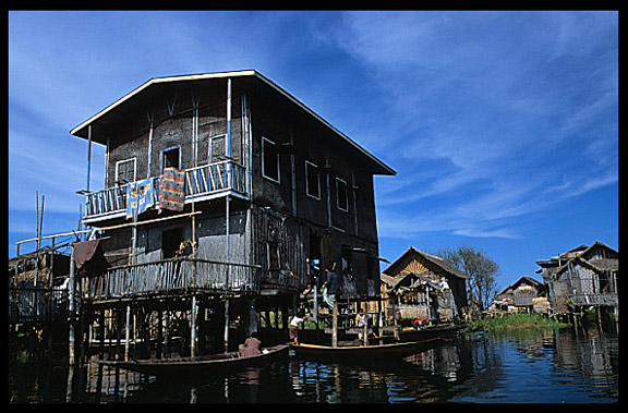 Houses on stilts in one of the floating villages in Inle Lake.