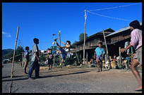 Playing chinlon on the Railway station in the village of Myin Saing Gone on the Shan Plateau near Kalaw.
