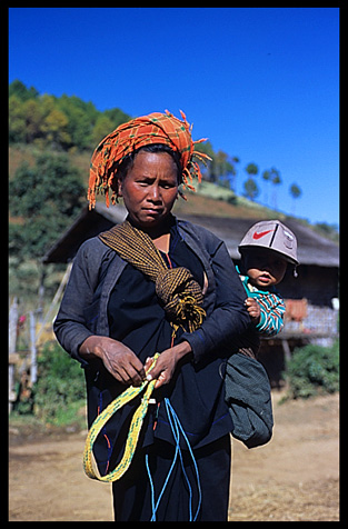A woman and a child belonging to the Pa-O tribe in the village of Nanthalethe on the Shan Plateau near Kalaw.