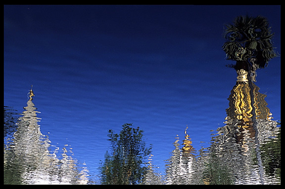 The reflection of one of Bagans many temples.