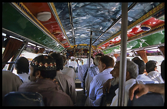 Inside a colourful decorated Pakistani bus. Taxila, Pakistan