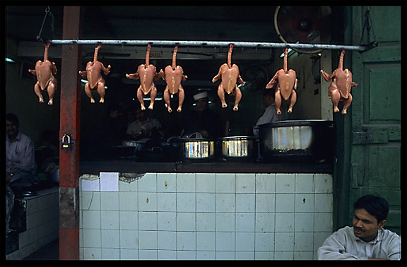 Chickens for sale on Gilgit's main shopping street. Gilgit, Pakistan