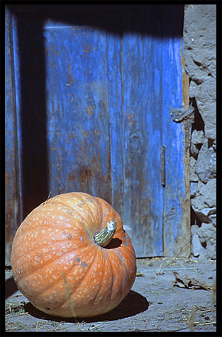 A pumpkin and a typical blue door. Karimabad, Hunza, Pakistan