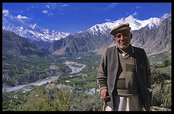 Portrait of a Hunzakut wearing the distinctively Hunza-style woolen cap. Karimabad, Hunza, Pakistan