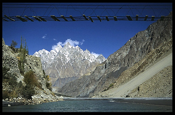 Beautiful view of the Hunza River and hanging bridge. Gulmit, Hunza, Pakistan