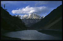 Beautiful view of the Hunza River and hanging bridge. Gulmit, Hunza, Pakistan