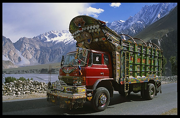 Beautifully painted Pakistani trucks along the Karakoram Highway, Pakistan