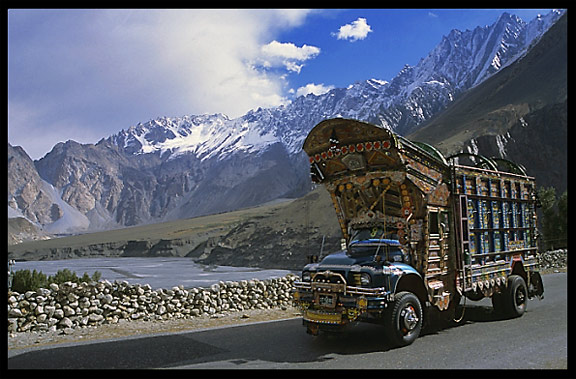 Beautifully painted Pakistani trucks along the Karakoram Highway, Pakistan