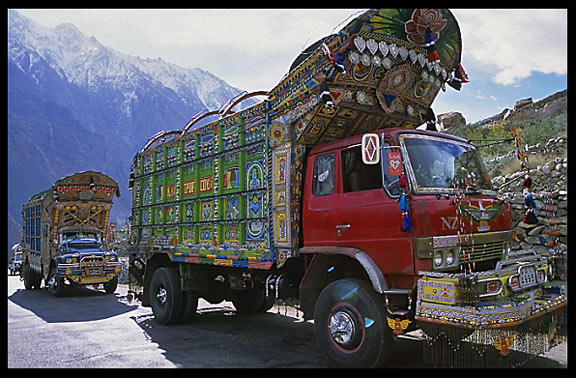 Beautifully painted Pakistani trucks along the Karakoram Highway, Pakistan