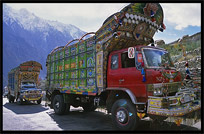 Beautifully painted Pakistani trucks along the Karakoram Highway, Pakistan