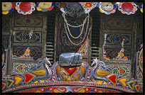 Details of a beautifully painted Pakistani trucks along the Karakoram Highway, Sost, Pakistan