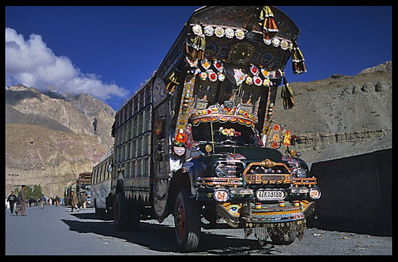 Beautifully painted Pakistani trucks along the Karakoram Highway, Sost, Pakistan