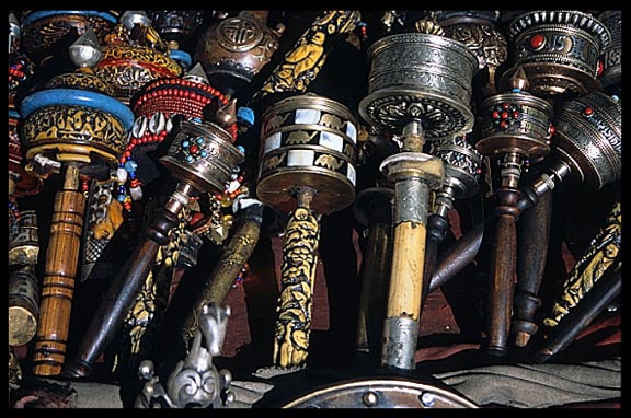 Praying wheels are among the many souvenirs found in the stalls around the Jokhang.