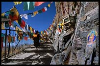 Tibetan pilgrims climbing a small hill on the Lingkhor Kora. Lhasa, Tibet, China