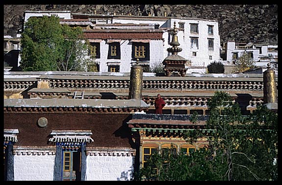 A Tibetan monk on the roof of Drepung Monastery.