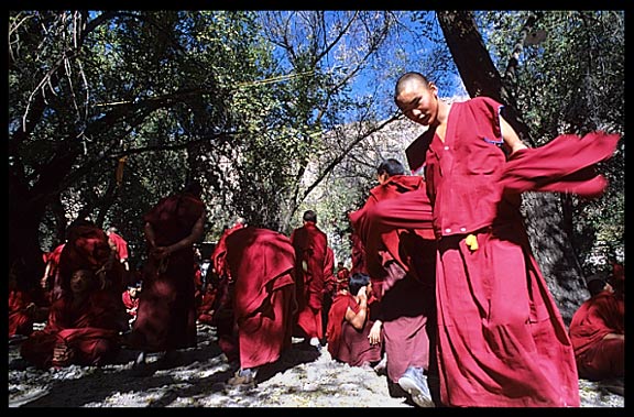 Tibetan monks debate in the monastery's debating courtyard. Sera Monastery.