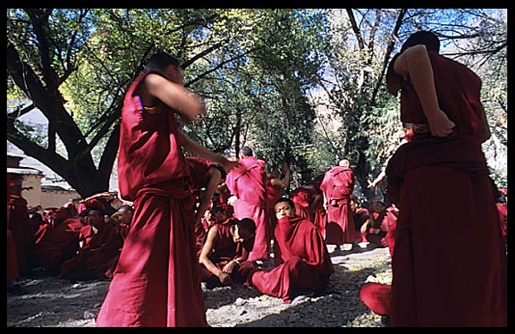 Tibetan monks debate in the monastery's debating courtyard. Sera Monastery.