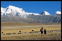 Tibetan pilgrims on the road from Lhasa to lake Nam Tso in a beautiful landscape. Nam Tso, Tibet, China