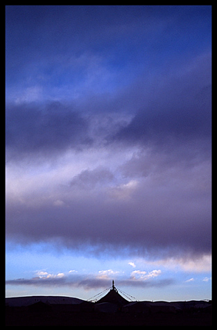 The silhouette of a nomad tent at lake Nam Tso.