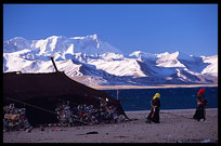 Spider tents, turquoise water, Tibetan pilgrims and the Nyenchen Tanglha massif at Nam Tso. Nam Tso, Tibet, China