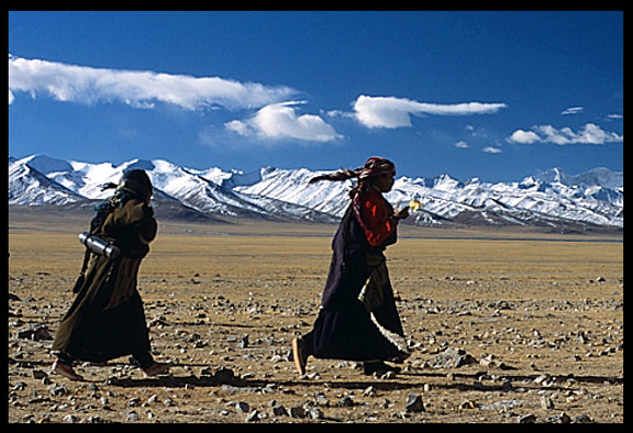 Pilgrims walking the Nam Tso Kora with the Nyenchen Tanglha massif (7111m) in the background.