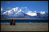 Tibetan pilgrims walking the Nam Tso Kora with clear turquoise water and the magnificent snowy Nyenchen Tanglha massif (7111m) on the background. Nam Tso, Tibet, China