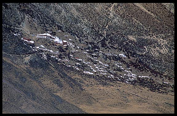 Drigung Til monastery sprouts from a high, steep ridge overlooking the Drigung valley.