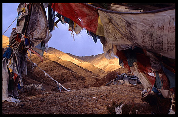 The main drtro at Drigung Til monastery, the holiest sky-burial site in the Lhasa region, at sunset.