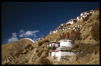 The Kora at Drigung Til monastery heads up the hill to the main drtro, the holiest sky-burial site in the Lhasa region. Tibet, China 